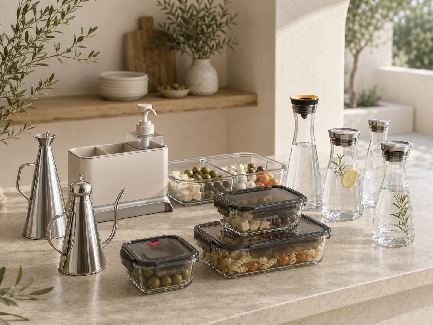 Vetro Glassco glassware in a Mediterranean kitchen